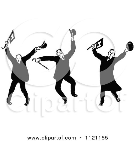 Clipart Of Retro Vintage Black And White Jumping Harvard Men - Royalty Free Vector Illustration by Prawny Vintage