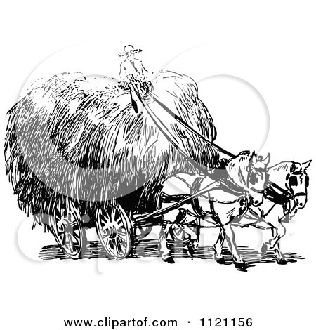 Clipart Of A Retro Vintage Black And White Farmer Riding On Hay In A Horse Drawn Cart - Royalty Free Vector Illustration by Prawny Vintage