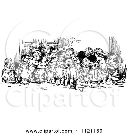 Clipart Of A Retro Vintage Black And White Group Of Huddled Children Looking At Something - Royalty Free Vector Illustration by Prawny Vintage