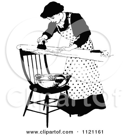 Clipart Of A Retro Vintage Black And White Domestic Housewife Ironing Laundry - Royalty Free Vector Illustration by Prawny Vintage