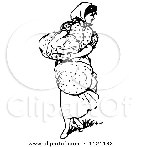 Clipart Of A Retro Vintage Black And White Domestic Housewife Carrying Laundry - Royalty Free Vector Illustration by Prawny Vintage