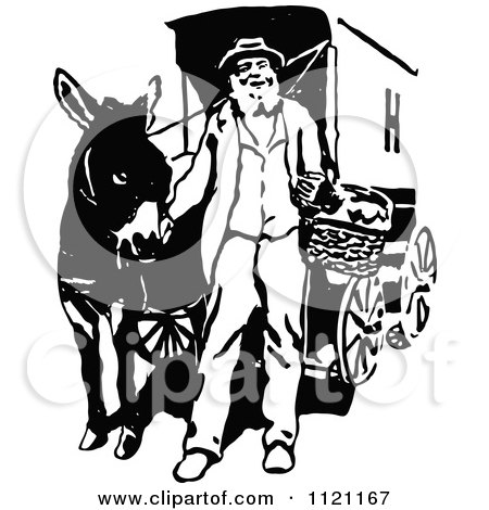 Clipart Of A Retro Vintage Black And White Vendor And Mule - Royalty Free Vector Illustration by Prawny Vintage