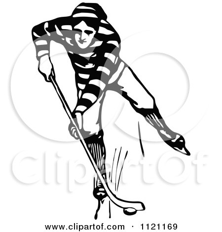 Clipart Of A Retro Vintage Black And White Hockey Player - Royalty Free Vector Illustration by Prawny Vintage
