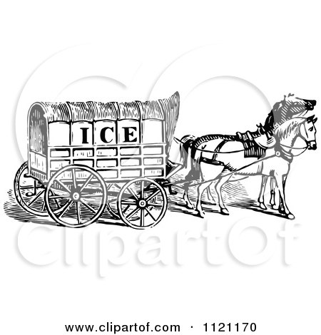 Clipart Of A Retro Vintage Black And White Horse Drawn Ice Cart - Royalty Free Vector Illustration by Prawny Vintage