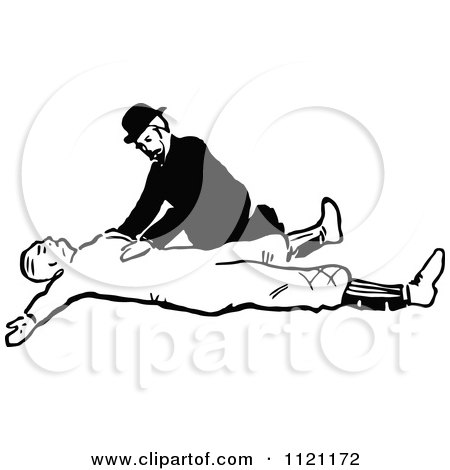 Clipart Of A Retro Vintage Black And White Man Assisting An Injured Person - Royalty Free Vector Illustration by Prawny Vintage