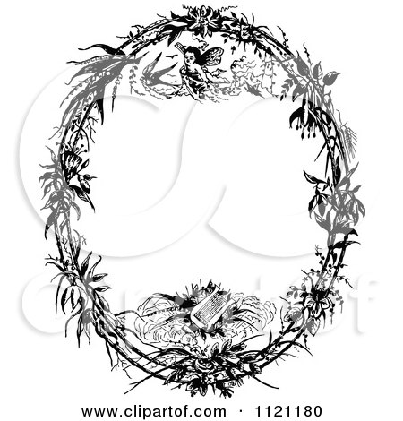 Clipart Of A Retro Vintage Black And White Angel And Lyre Oval Frame - Royalty Free Vector Illustration by Prawny Vintage