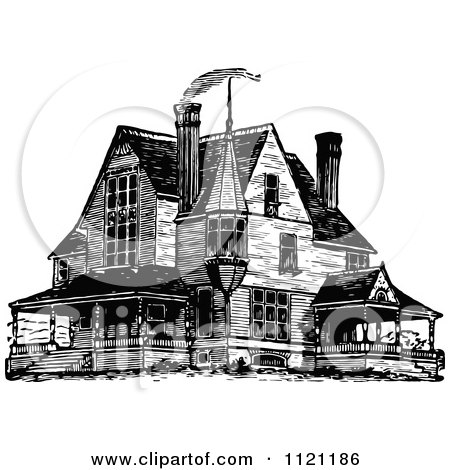 Clipart Of A Retro Vintage Black And White Victorian Queen Anne Style House 1 - Royalty Free Vector Illustration by Prawny Vintage