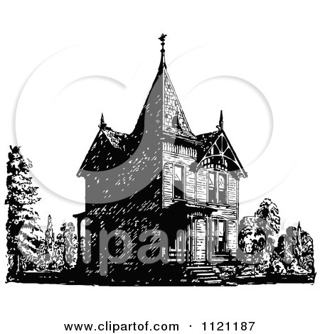 Clipart Of A Retro Vintage Black And White Victorian Queen Anne Style House 2 - Royalty Free Vector Illustration by Prawny Vintage