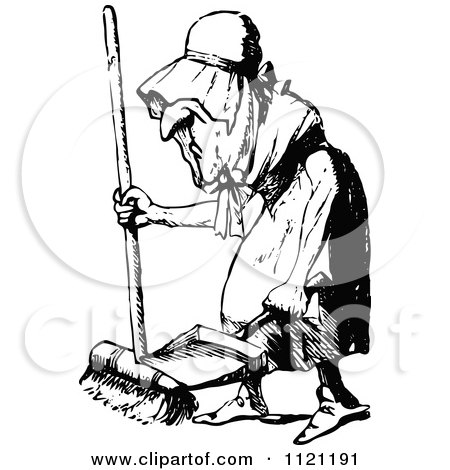 Clipart Of A Retro Vintage Black And White Old Woman Sweeping - Royalty Free Vector Illustration by Prawny Vintage