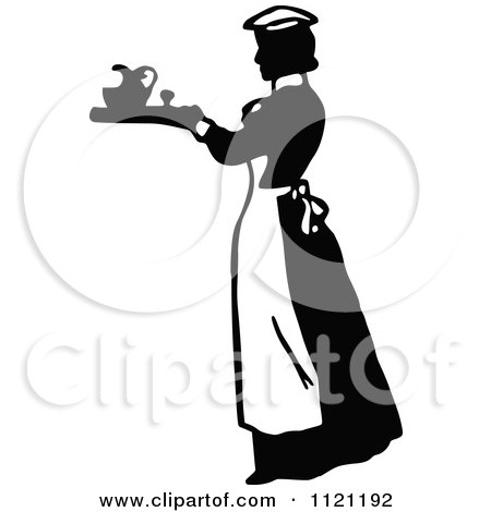 Clipart Of A Retro Vintage Black And White Maid Serving A Drink 3 - Royalty Free Vector Illustration by Prawny Vintage