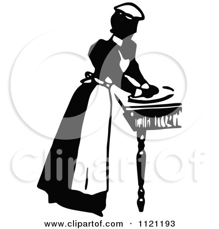 Clipart Of A Retro Vintage Black And White Maid Prepping Food 2 - Royalty Free Vector Illustration by Prawny Vintage