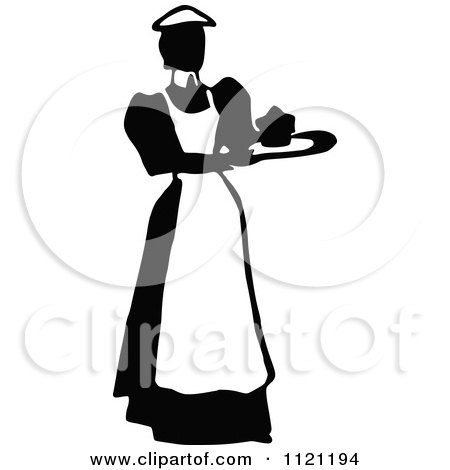Clipart Of A Retro Vintage Black And White Maid Serving 2 - Royalty Free Vector Illustration by Prawny Vintage