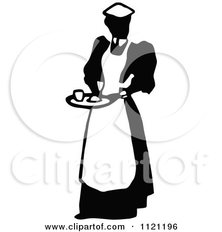 Clipart Of A Retro Vintage Black And White Maid Serving 1 - Royalty Free Vector Illustration by Prawny Vintage