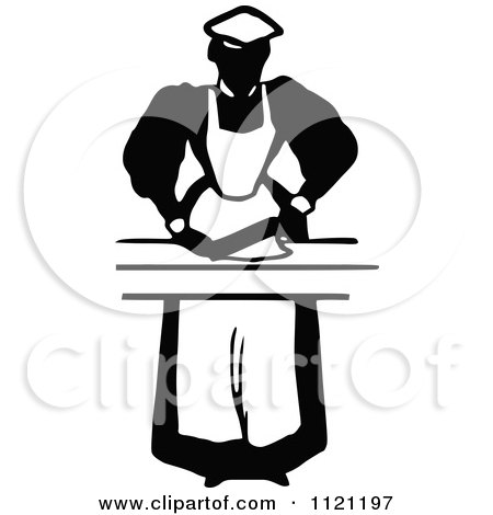 Clipart Of A Retro Vintage Black And White Maid Prepping Food 1 - Royalty Free Vector Illustration by Prawny Vintage
