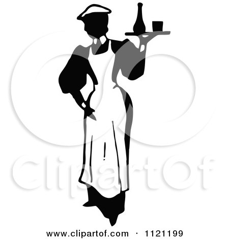 Clipart Of A Retro Vintage Black And White Maid Serving A Drink 1 - Royalty Free Vector Illustration by Prawny Vintage