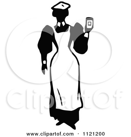 Clipart Of A Retro Vintage Black And White Maid Holding Something Up - Royalty Free Vector Illustration by Prawny Vintage