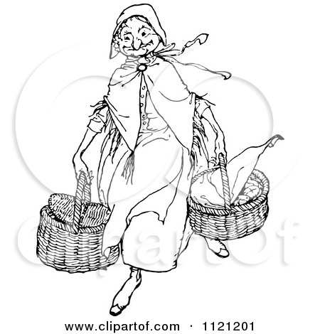 Clipart Of A Retro Vintage Black And White Old Lady Carying Baskets - Royalty Free Vector Illustration by Prawny Vintage