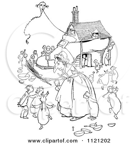 Clipart Of A Retro Vintage Black And White Old Woman Who Lived In A Shoe - Royalty Free Vector Illustration by Prawny Vintage