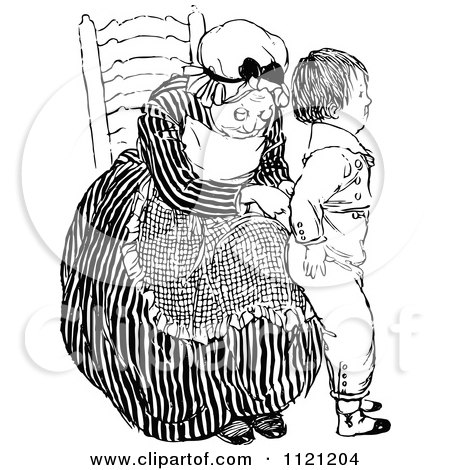 Clipart Of A Retro Vintage Black And White Grandmother Dressing A Boy - Royalty Free Vector Illustration by Prawny Vintage
