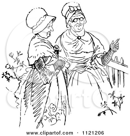 Clipart Of Retro Vintage Black And White Senior Women Talking - Royalty Free Vector Illustration by Prawny Vintage