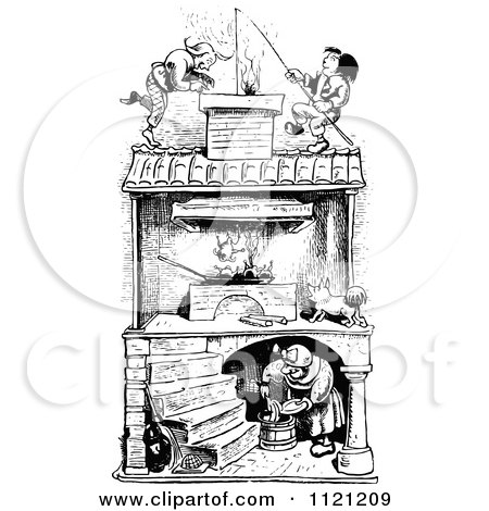 Clipart Of A Retro Vintage Black And White Old Woman Roasting Chickens With Men On The Roof - Royalty Free Vector Illustration by Prawny Vintage