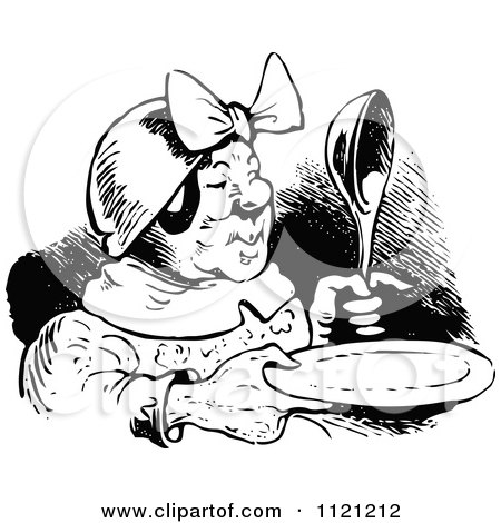 Clipart Of A Retro Vintage Black And White Old Woman With A Plate And Spoon - Royalty Free Vector Illustration by Prawny Vintage