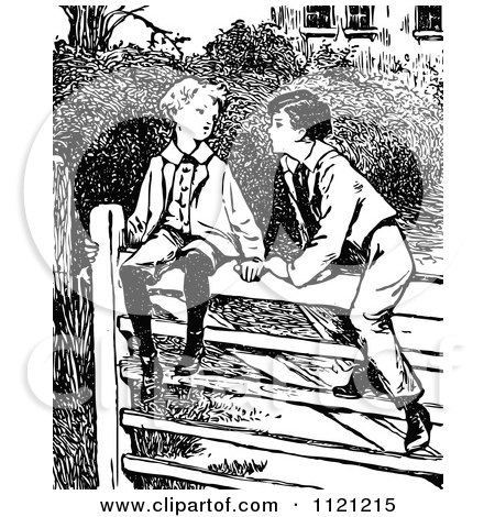 Clipart Of Retro Vintage Black And White Boys Talking On A Fence - Royalty Free Vector Illustration by Prawny Vintage
