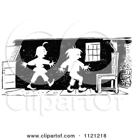 Clipart Of Retro Vintage Black And White Mischievous Boys Sneaking Around - Royalty Free Vector Illustration by Prawny Vintage