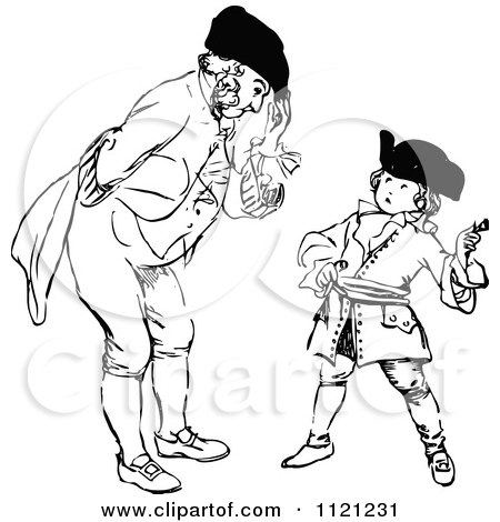 Clipart Of A Retro Vintage Black And White Father Bending Down To Talk To His Son - Royalty Free Vector Illustration by Prawny Vintage