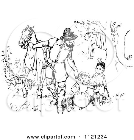 Clipart Of A Retro Vintage Black And White Father Walking His Kids And Horse Through The Woods - Royalty Free Vector Illustration by Prawny Vintage