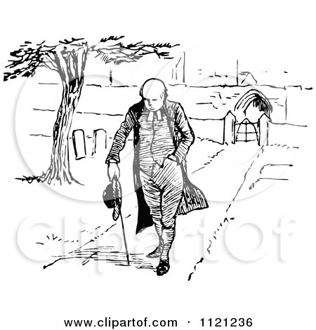 Clipart Of A Retro Vintage Black And White Clergyman Walking Through A Cemetery - Royalty Free Vector Illustration by Prawny Vintage