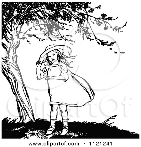 Clipart Of A Retro Vintage Black And White Girl Under A Tree - Royalty Free Vector Illustration by Prawny Vintage