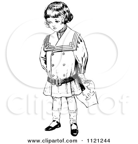 Clipart Of A Retro Vintage Black And White Girl Holding A Drawing Behind Her Back - Royalty Free Vector Illustration by Prawny Vintage