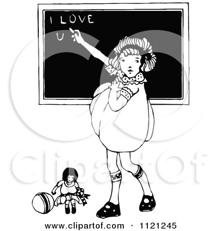 Clipart Of A Retro Vintage Black And White Girl Writing I Love You On A Chalk Board - Royalty Free Vector Illustration by Prawny Vintage