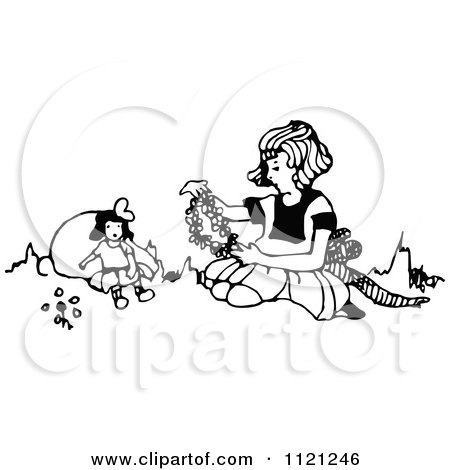 Clipart Of A Retro Vintage Black And White Girl Making A Floral Necklace For Her Doll - Royalty Free Vector Illustration by Prawny Vintage