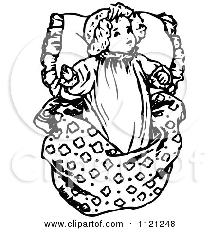Clipart Of A Retro Vintage Black And White Baby Girl Resting On A Pillow - Royalty Free Vector Illustration by Prawny Vintage