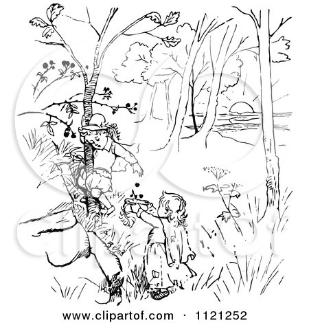 Clipart Of Retro Vintage Black And White Children Picking Berries From A Tree - Royalty Free Vector Illustration by Prawny Vintage