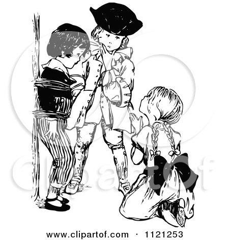 Clipart Of Retro Vintage Black And White Boys And Girl Playing Pirate Games - Royalty Free Vector Illustration by Prawny Vintage