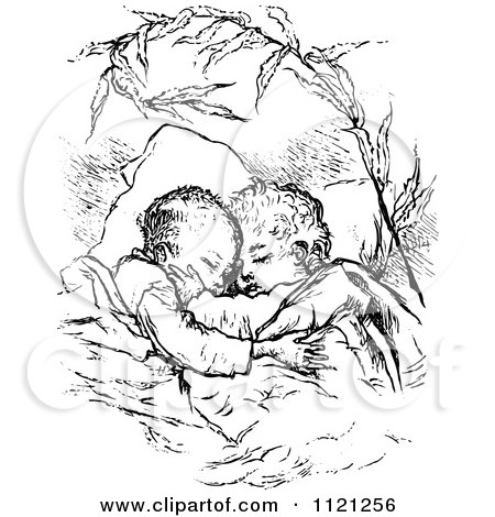 Clipart Of A Retro Vintage Black And White Children Sleeping And Hugging - Royalty Free Vector Illustration by Prawny Vintage