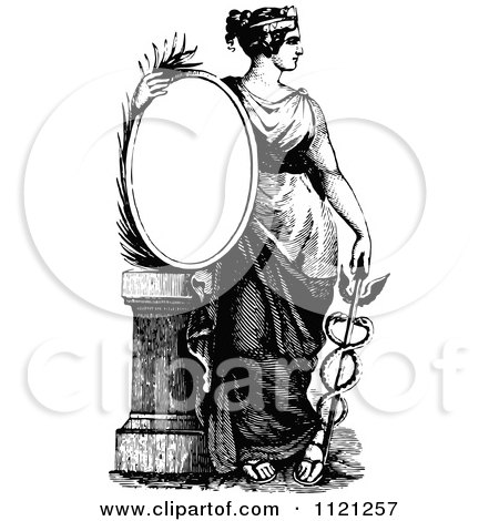 Clipart Of A Retro Vintage Black And White Woman With A Caduceus And Sign - Royalty Free Vector Illustration by Prawny Vintage