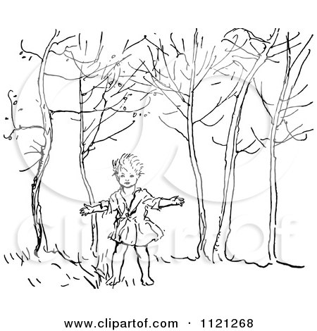 Clipart Of A Retro Vintage Black And White Boy In The Woods - Royalty Free Vector Illustration by Prawny Vintage