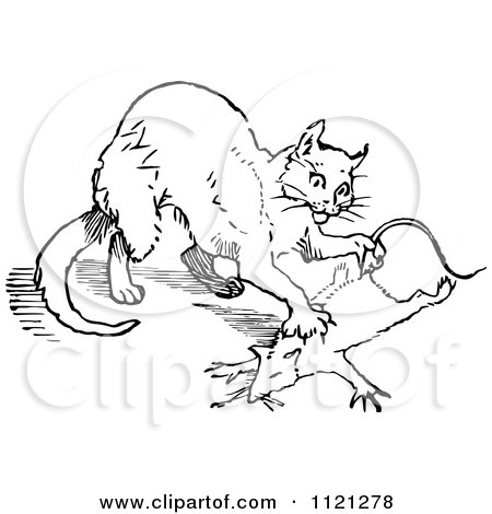 Clipart Of A Retro Vintage Black And White Cat Hunting A Rat 2 - Royalty Free Vector Illustration by Prawny Vintage