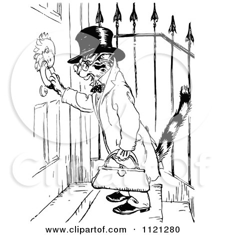 Clipart Of A Retro Vintage Black And White Cat Using A Door Knocker - Royalty Free Vector Illustration by Prawny Vintage