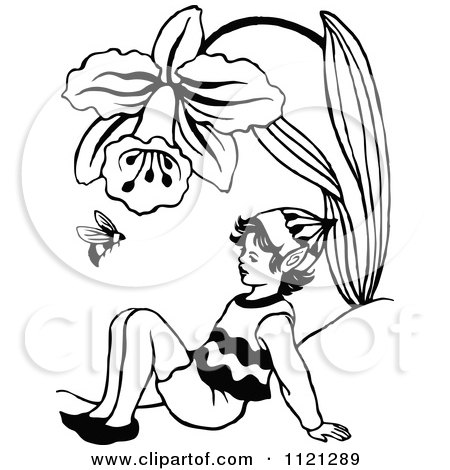 Clipart Of A Retro Vintage Black And White Elf And Bee Under A Daffodil - Royalty Free Vector Illustration by Prawny Vintage