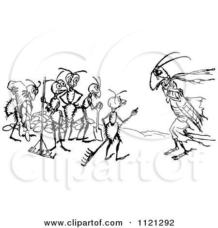 Clipart Of A Retro Vintage Black And White Cricket And Worker Ants - Royalty Free Vector Illustration by Prawny Vintage