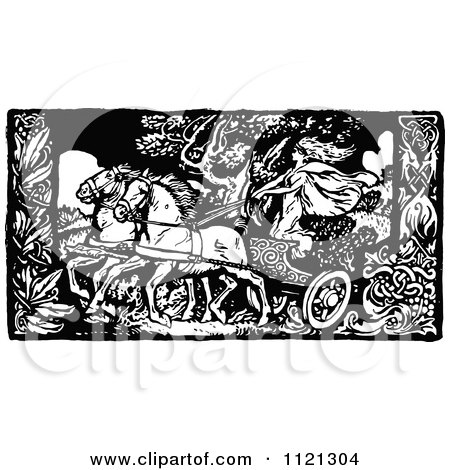 Clipart Of A Retro Vintage Black And White Woman On A Chariot - Royalty Free Vector Illustration by Prawny Vintage