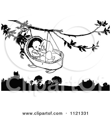 Clipart Of A Retro Vintage Black And White Baby In A Cradle Hanging From A Tree - Royalty Free Vector Illustration by Prawny Vintage