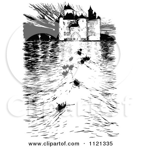 Clipart Of A Retro Vintage Black And White Castle And Boats On The River - Royalty Free Vector Illustration by Prawny Vintage