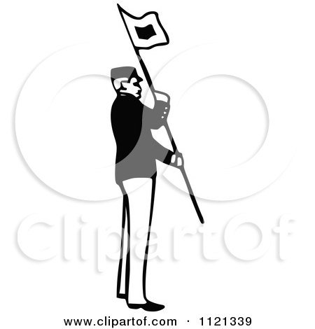 Clipart Of A Retro Vintage Black And White Army Soldier With A Flag 1 - Royalty Free Vector Illustration by Prawny Vintage