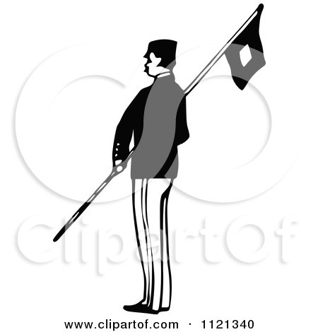 Clipart Of A Retro Vintage Black And White Army Soldier With A Flag 2 - Royalty Free Vector Illustration by Prawny Vintage